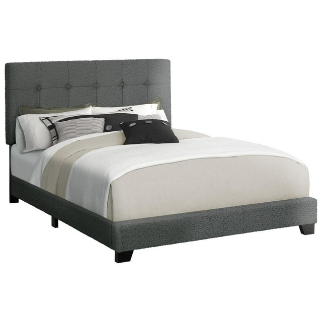 Queen size Monarch Specialties bed frame upholstered in dark grey boucle fabric featuring a tufted headboard and transitional design.