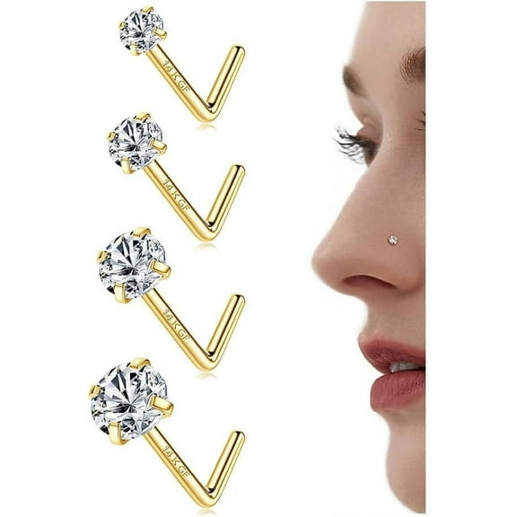 14K Gold Filled Nose Studs 316L Surgical Steel Gold Nose Rings Studs 6A CZ Simulated Diamond Corkscrew L Shaped Nose Piercing Hypoallergenic Nose Rings for Women Men 20G 14K Gold