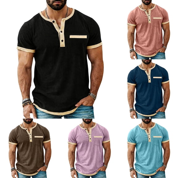 Hesxuno Mens Linen Henley Shirt Color Contrast Short Sleeve 3 Button Shirts Business Casual Work Tops Lightweight Collarless Golf Shirt with Chest Pocket Black XXL