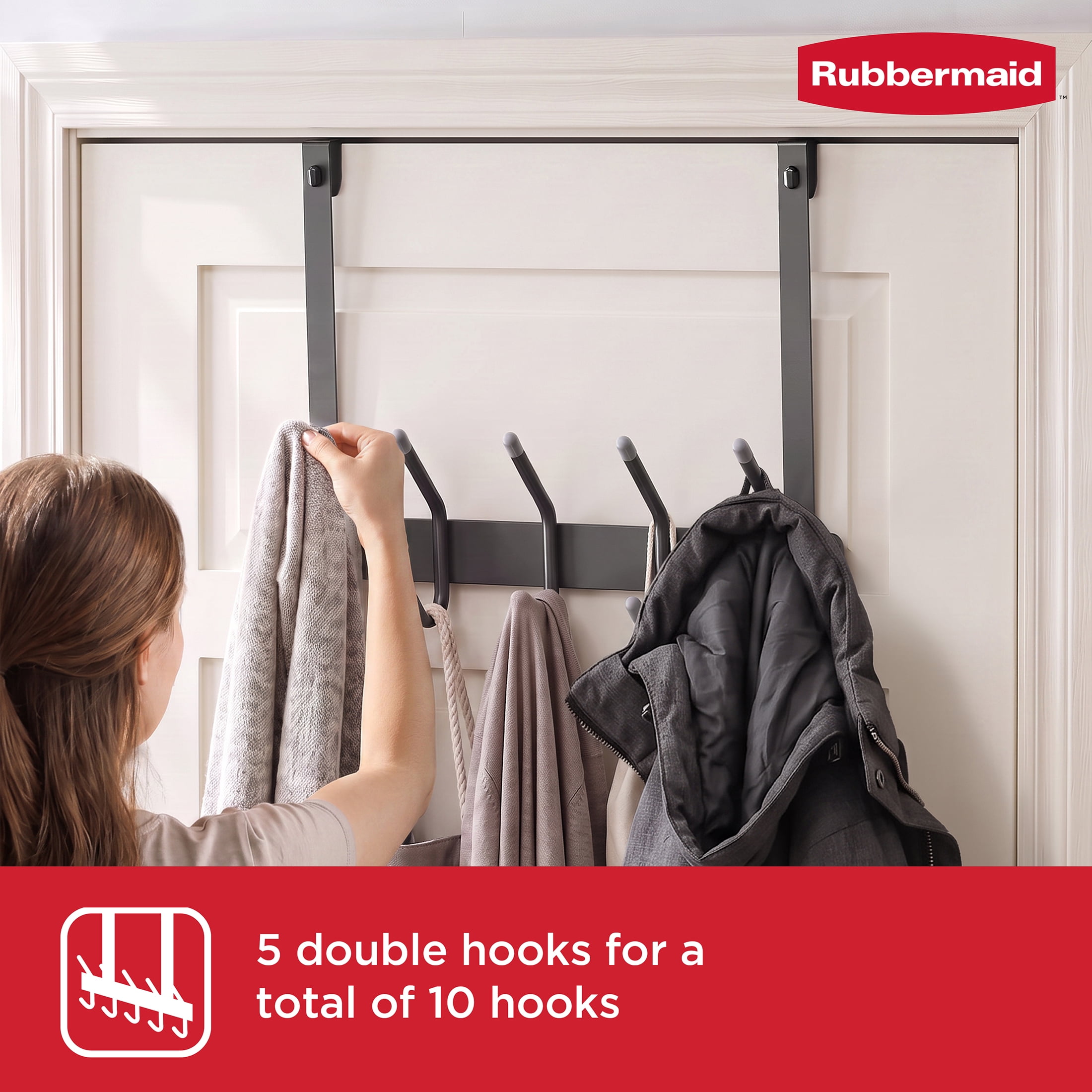 Rubbermaid 5 Double-Hook Over-the-Door Hook Rack, Gray