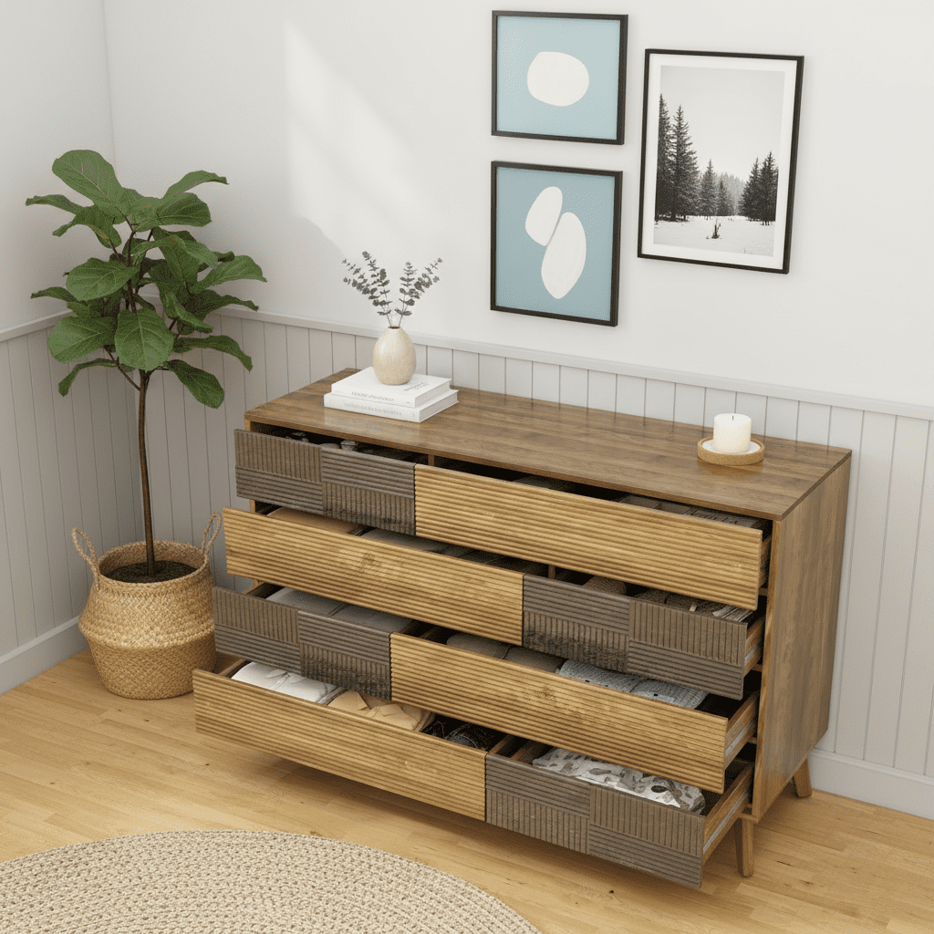 Danpinera Home 8 Drawer Dresser for Bedroom, 34" Tall Large Wood Chest of Drawers & TV Stand, Modern Fluted Panel Storage Organizer, Dark Wood