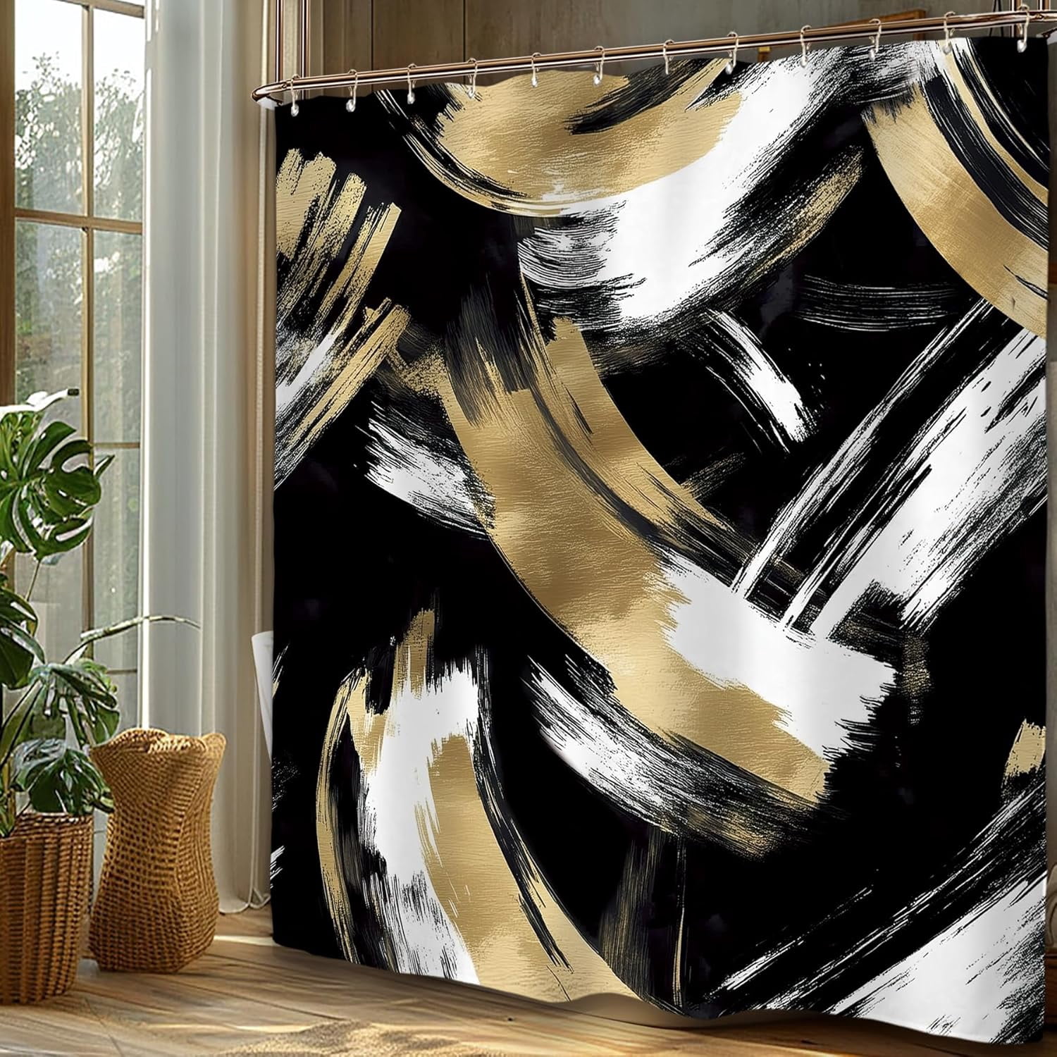 Abstract Modern Black Gold Shower Curtain Set Minimalist Neutral Contemporary Aesthetic Geometric Simple Art Waterproof Bathroom Curtain with Hooks-72"W x 84"L (Pack of 1)
