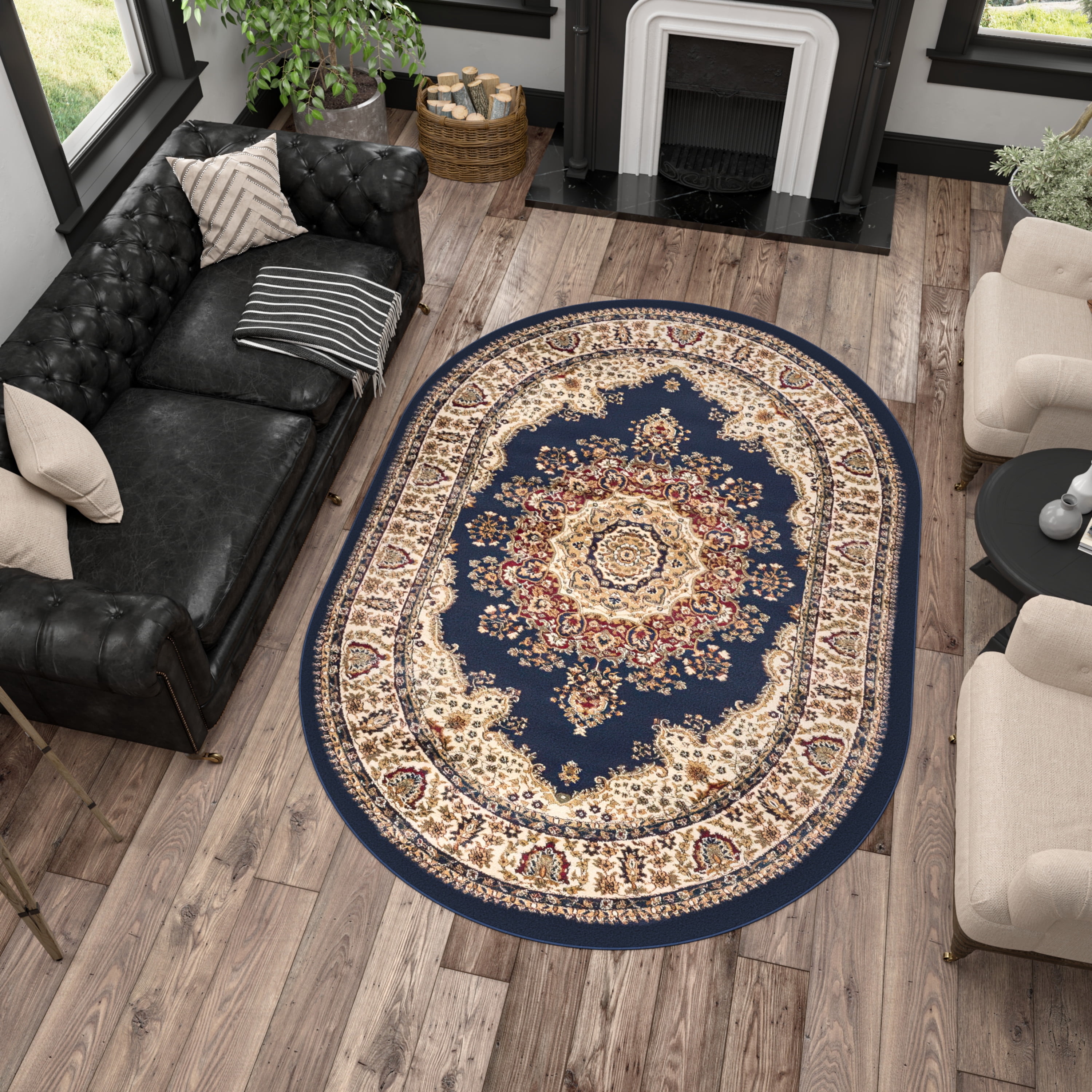 Sensation Transitional 5' x 7' Oval Navy and Beige Polypropylene Indoor Area Rug
