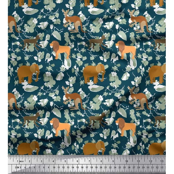 Soimoi Polyester Crepe Fabric Kangaroo,Elephant & Lion Animal Print Fabric by The Yard 52 Inch Wide