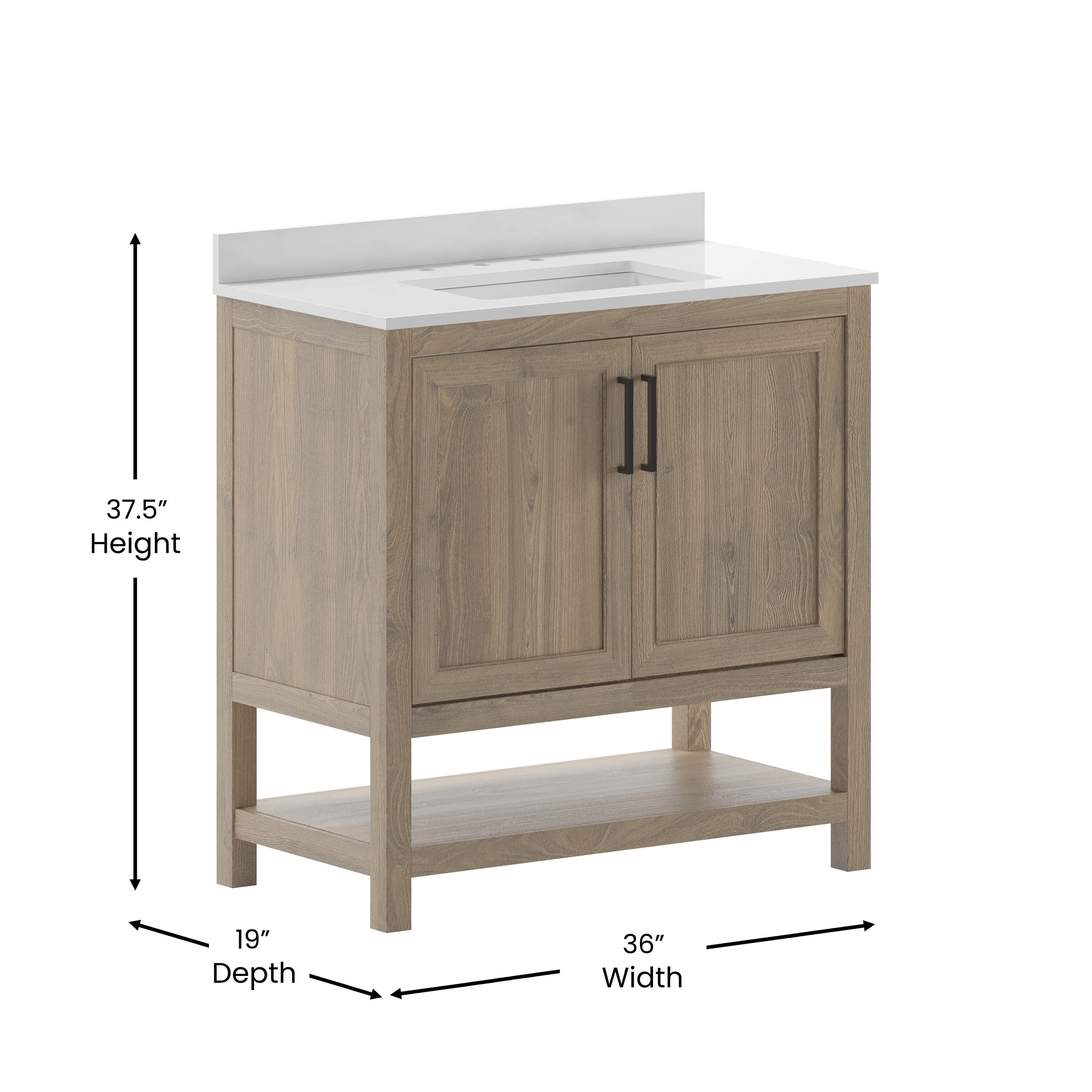 Emma + Oliver 36 Inch Bathroom Vanity, Single Sink Cabinet with 2 Soft Close Doors and Open Shelf, Carrara Marble Finish Countertop, Brown