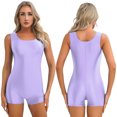 thumbnail image 3 of Traje de baño brillante para mujer, mono de color sólido elástico con cuello redondo, corte ajustado, mono corto para yoga, culturismo, gimnasio y fitness, 3 of 5