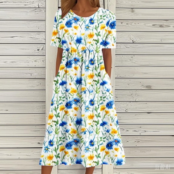 Vetsdori Short Sleeve Midi Dresses for Junior Summer Casual Sundress Party Floral Print Tunic,Beach Pleated Womens Dress Crew Neck
