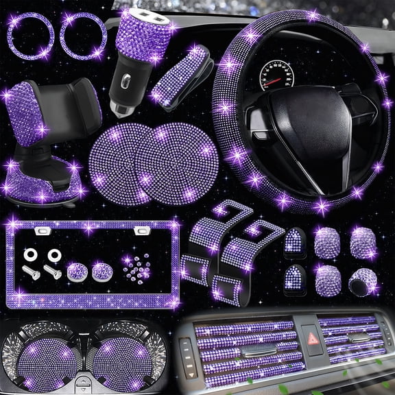 LAPTOM MAX 27PCS Purple Bling Car Accessories Set with Rhinestone Steering Wheel Cover, Phone Holder, License Plate Frame, Interior Decor Kit for Cars, SUVs & Trucks