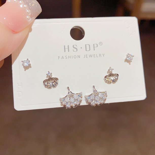 Pendientes cortos con microincrustaciones de circonitas y aguja de plata S925, pendientes de pelo corto, pendientes elegantes japoneses y coreanos de tres piezas, sencillos y combinables para mujer