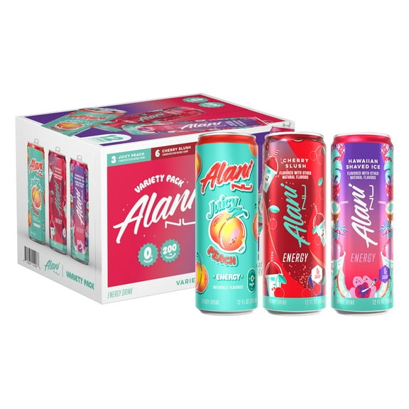 Alani Nu Sugar Free Energy Drink, Variety Pack, Cherry Slush, Juicy Peach, Hawaiian Shaved Ice, 12 fl oz, 12 Pack, Cans, 200mg Caffeine