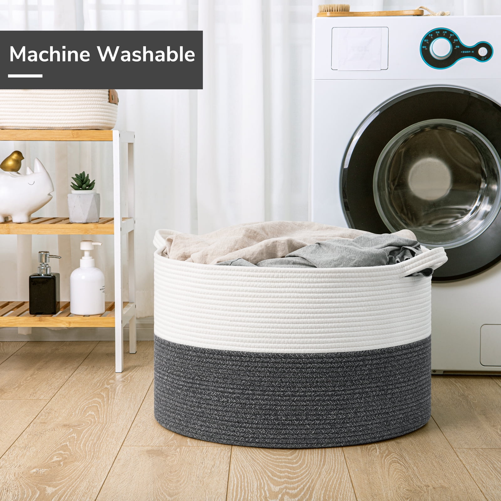 Timeyard Large Woven Laundry Hamper Basket - Decorative Storage Organizer for Living Room, Holds Toys Pillows Blankets Clothes - 21.7" x 21.7" x 13.8"-gray