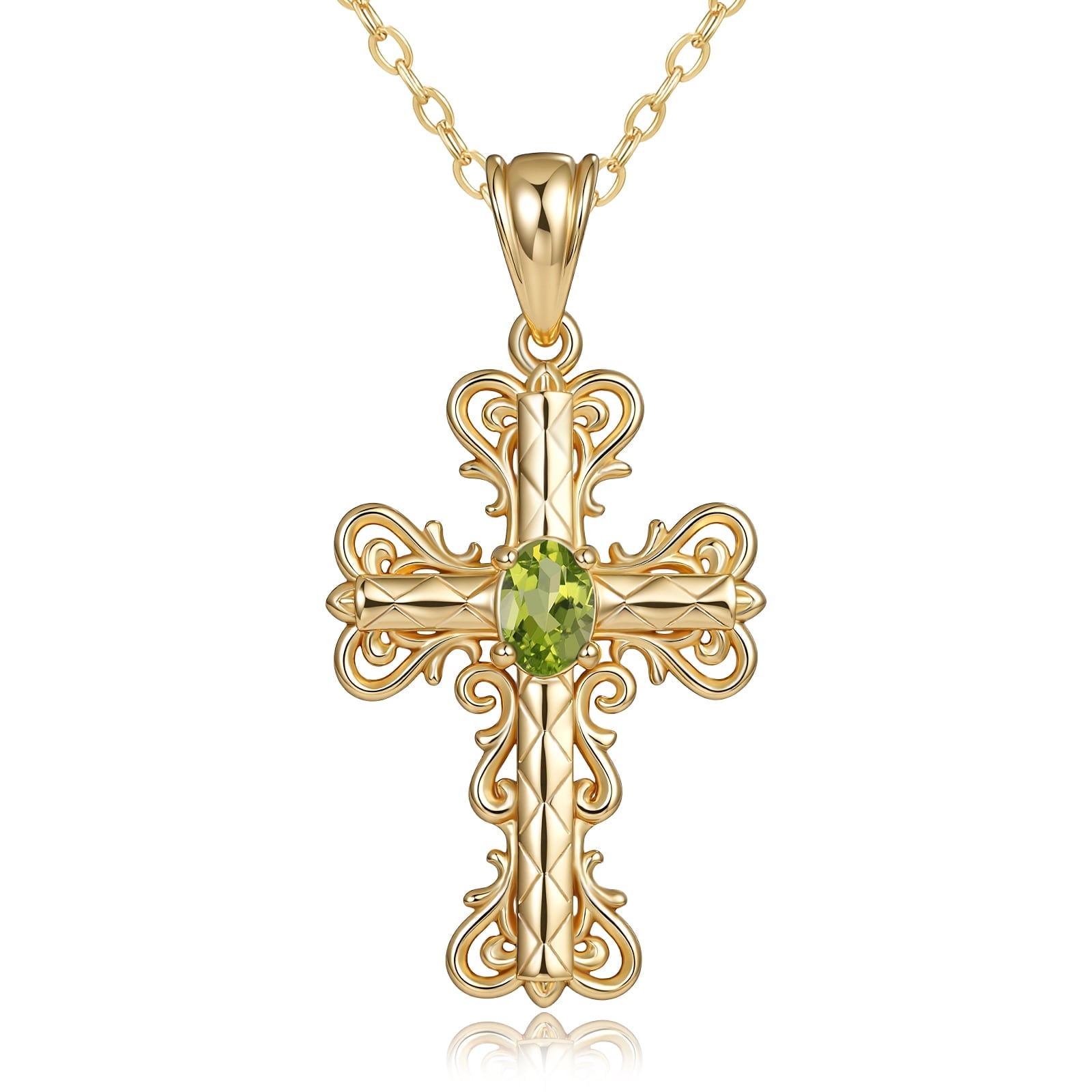 14K Gold Plated August Birthstone Cross Necklace with Vintage Pendant