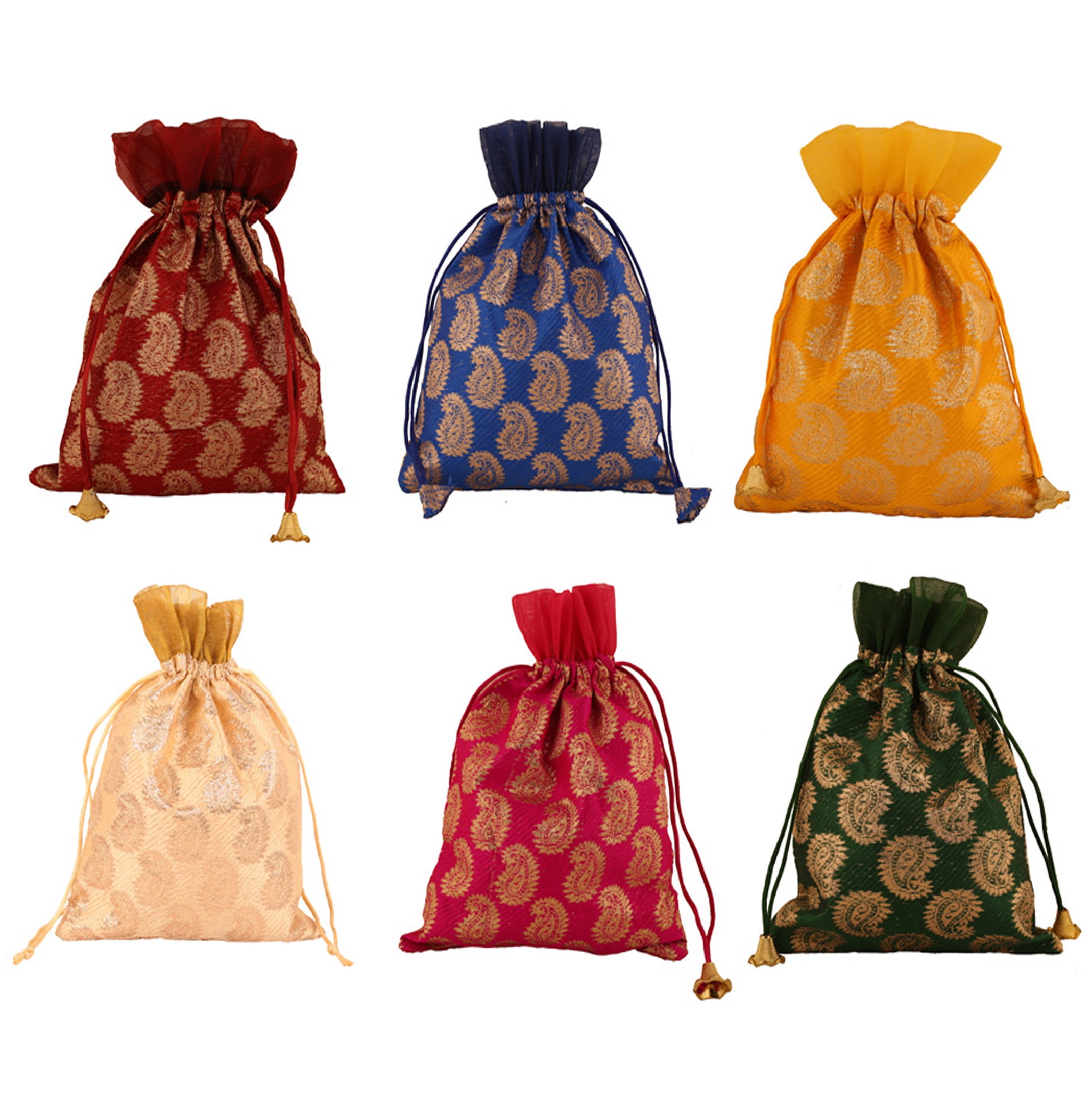 Sunsoul by Touchstone New Gorgeous Indian Traditional Paisley Brocade Drawstring Large Bags Pouches Potli For Wedding Gift Jewelry Packaging Bridal Party Favors Assorted Colors Set Of 6 For Women