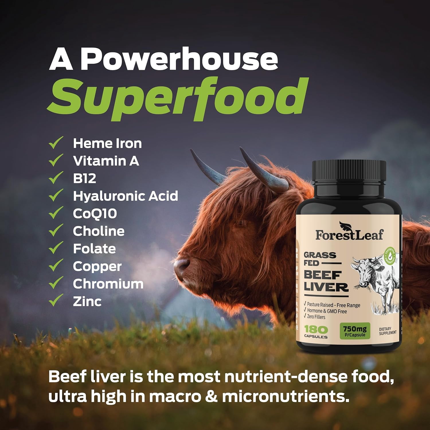 Forest Leaf Grass Fed Beef Liver Capsules Energy & Iron Supplement, 180 Count