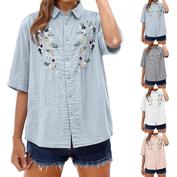 Endives Womens Cotton Linen Shirt Lapel Embroidered Button Down Shirt 3/4 Sleeve Bteathable Shirt Blouse for Women Spring Trendy White