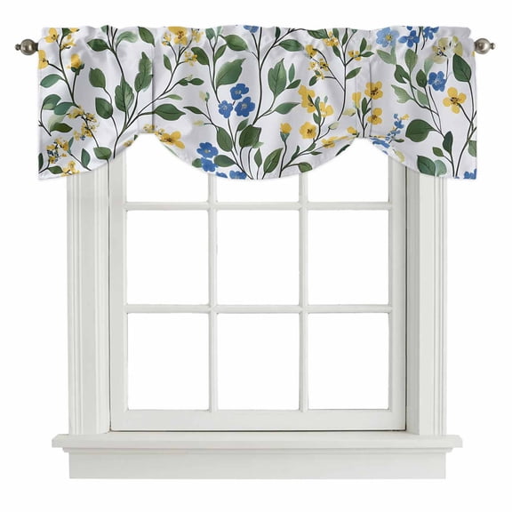 Blue Yellow Floral Spring Tie Up Valance Curtains for Windows, Kitchen Curtains Window Shades, Green Pastoral Summer Botanical Light Filtering Roman Curtain Valances for Bedroom/Bathroom/Cafe 42"x12"