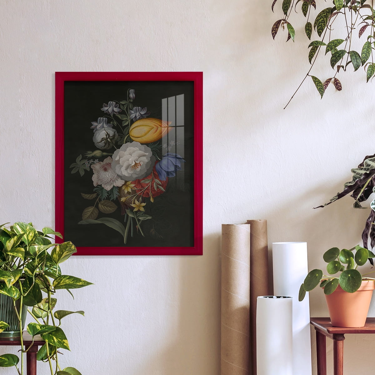 Dramatic Bouquet III -Framed Print w/glass-Cherry Red