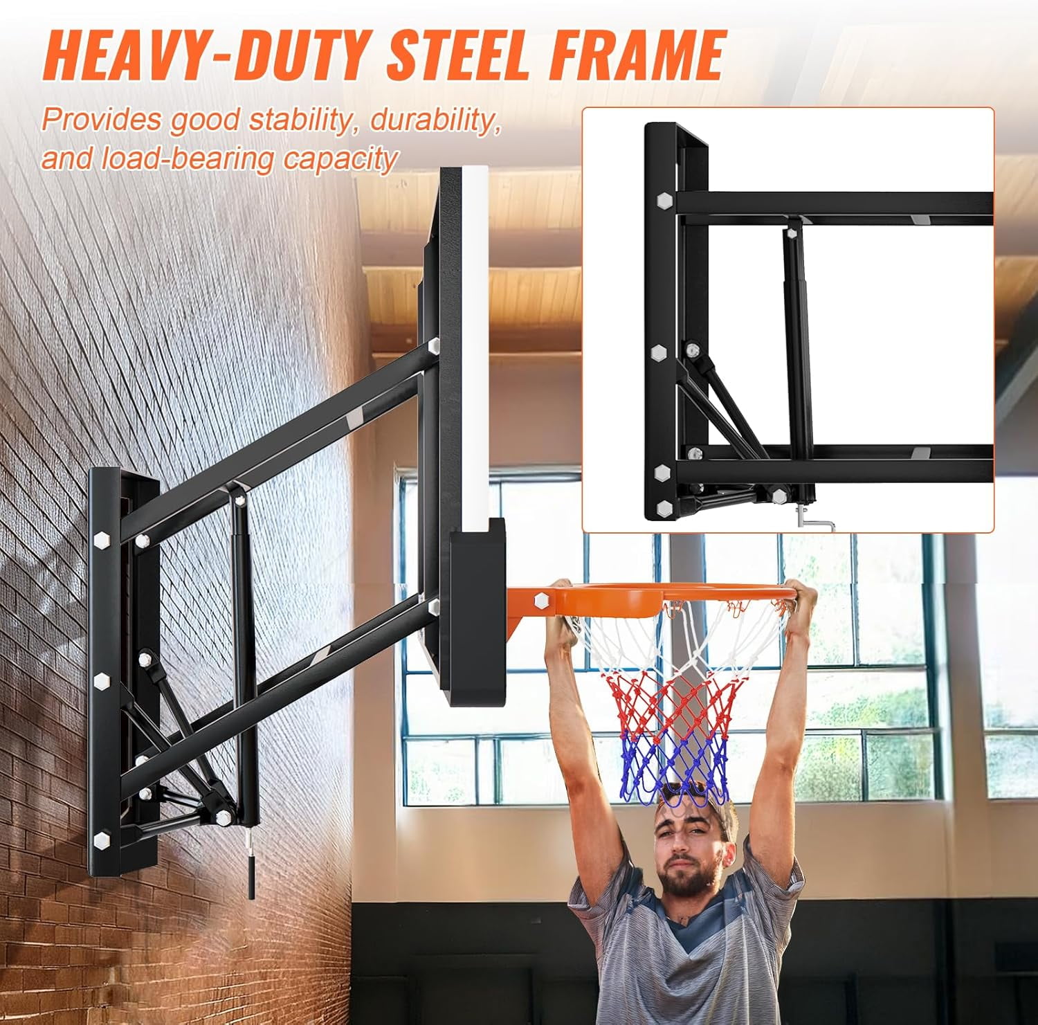 Selooye 54 Inch Wall Mounted Basketball Backboard, Adjustable-Height Backboard and Rim Combo, Outdoor Wall Mount Basketball Hoop Fit Most Slanting Roofs