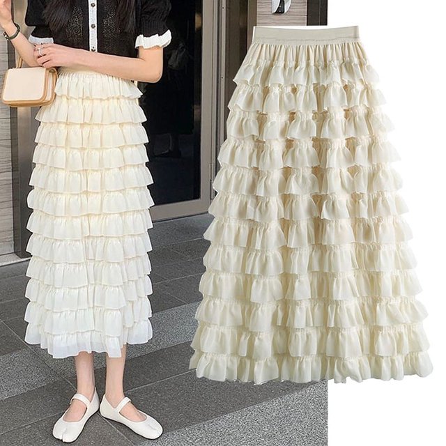 Falda plisada Midi de tul para mujer, falda acampanada, elástica, de cintura alta, con capas, de encaje, de gasa