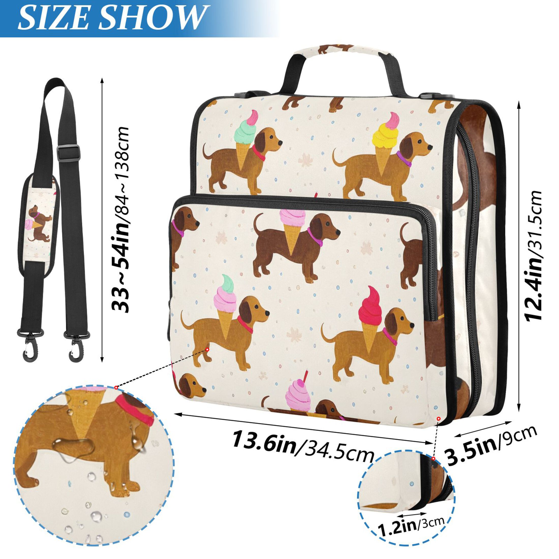 3 Ring Zipper Binder with Shoulder Strap Waterproof Trapper Keeper 2 Inch D-Ring 500 Sheets Capacity Dachshund with Ice Cream