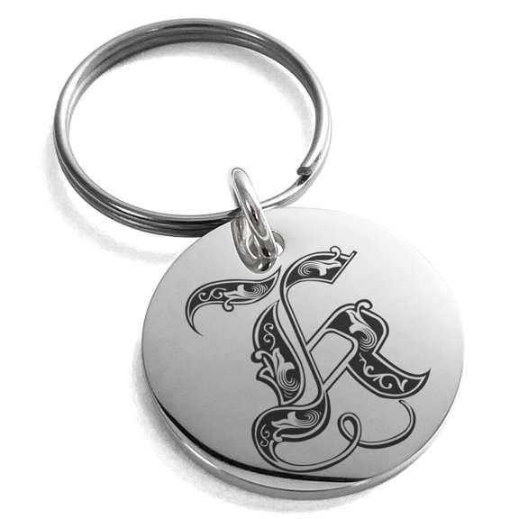 Stainless Steel Letter K Initial Royal Monogram Engraved Small Medallion Circle Charm Keychain Keyring