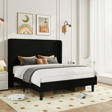 Amolife Queen Size Platform Bed Frame with Velvet Upholstered Wingback Headboard, Black