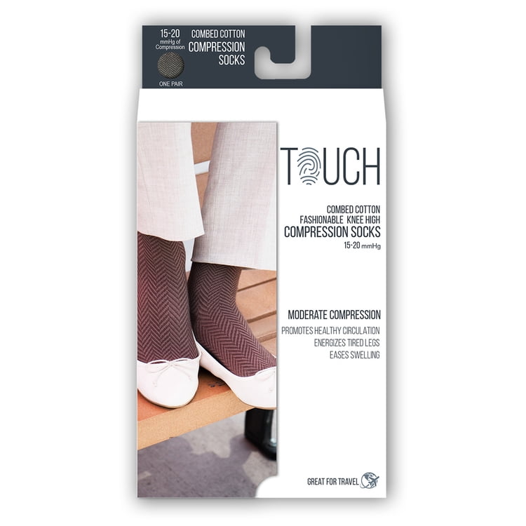 Touch Women's Knee High Compression Socks, 15-20 mmHg, Black Herringbone Pattern, Medium