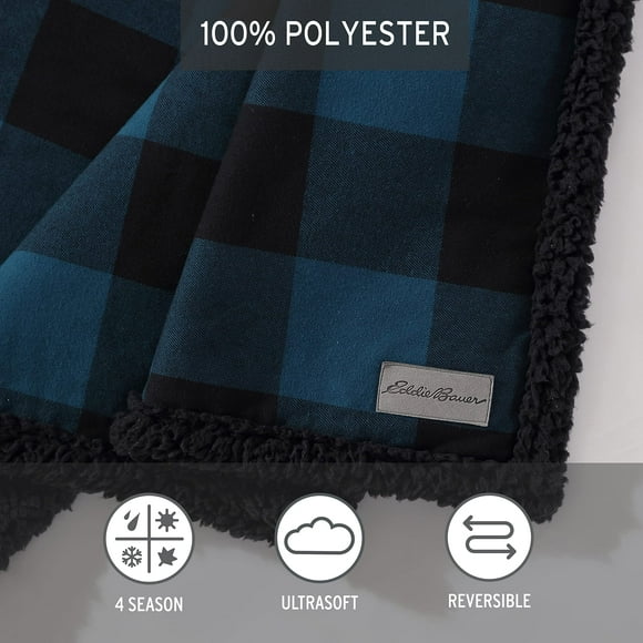 Eddie Bauer - Throw Blanket, Reversible Sherpa Flannel Bedding, Buffalo Plaid Home Decor for All Seasons (Blue/Black, Throw)
