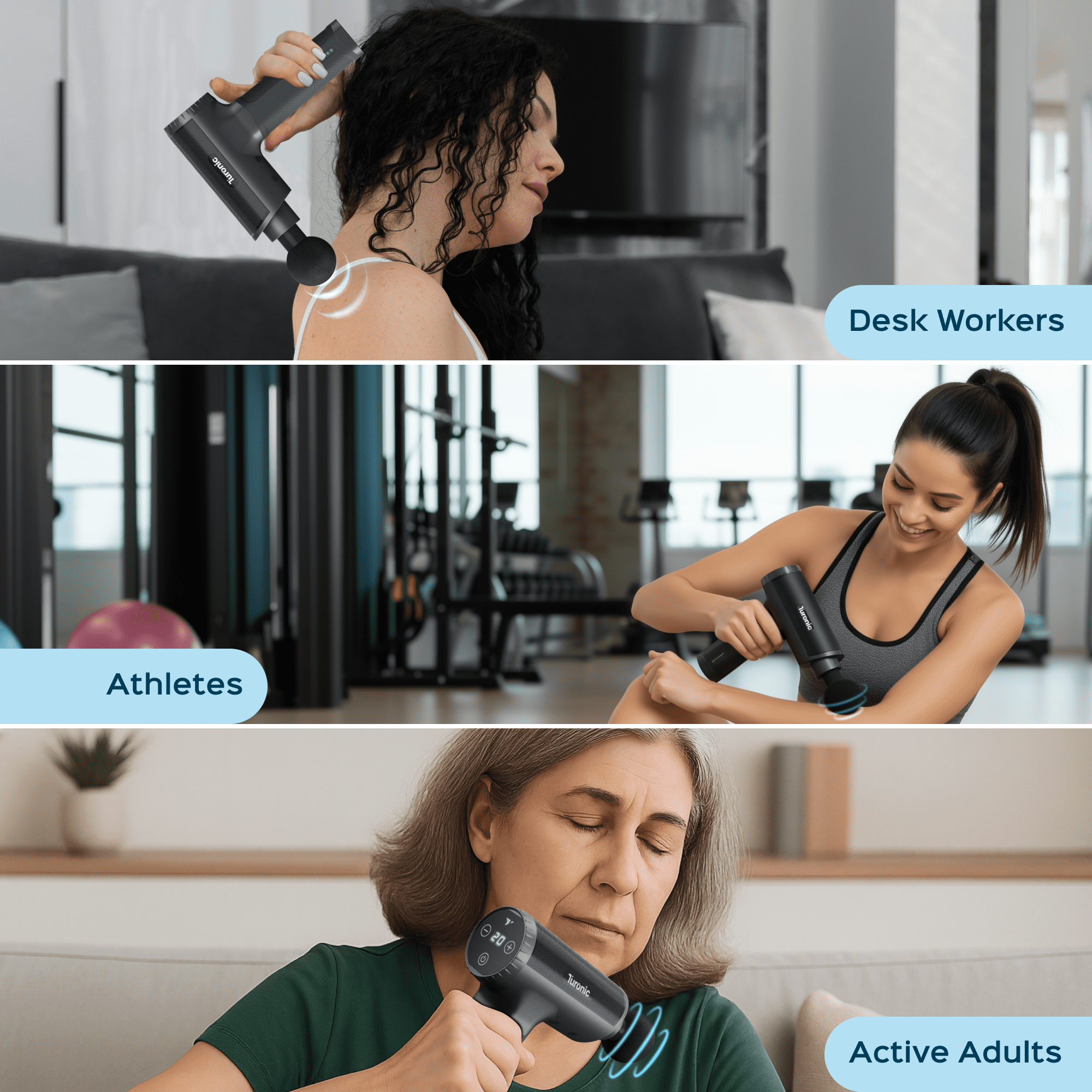 TURONIC Professional Handheld Massage Gun - Deep Tissue Percussion Massager, 20 Speeds, 7 Heads, Quiet, Powerful, Portable, Cordless, Great for Athletes, Personal Use, Shoulder, Foot, Back Body, GM5