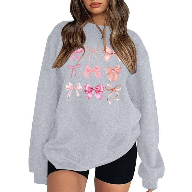 TINZ Chandail à Capuche Imprimé Nœud Col Rond Manches Longues pour Femmes Chandail Élégant Blouse Veste Doublée Vêtements Actifs pour Femmes