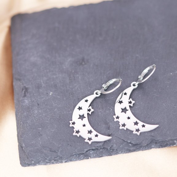 Vintage Silver Color Crescent Moon Star Pendant Hoop Earrings for Women Gifts Stainless Steel Piercing Huggies Jewelry