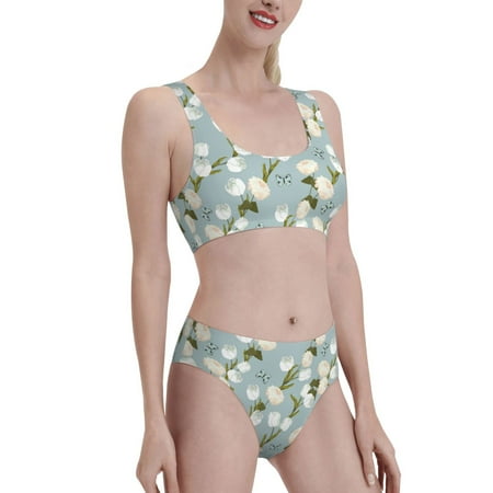 Uemuo Tulips Flowers Printed Women s High Waisted Bikini Sets Sporty Two Piece Swimsuits Color Block Cheeky High Cut Bathing Suits-