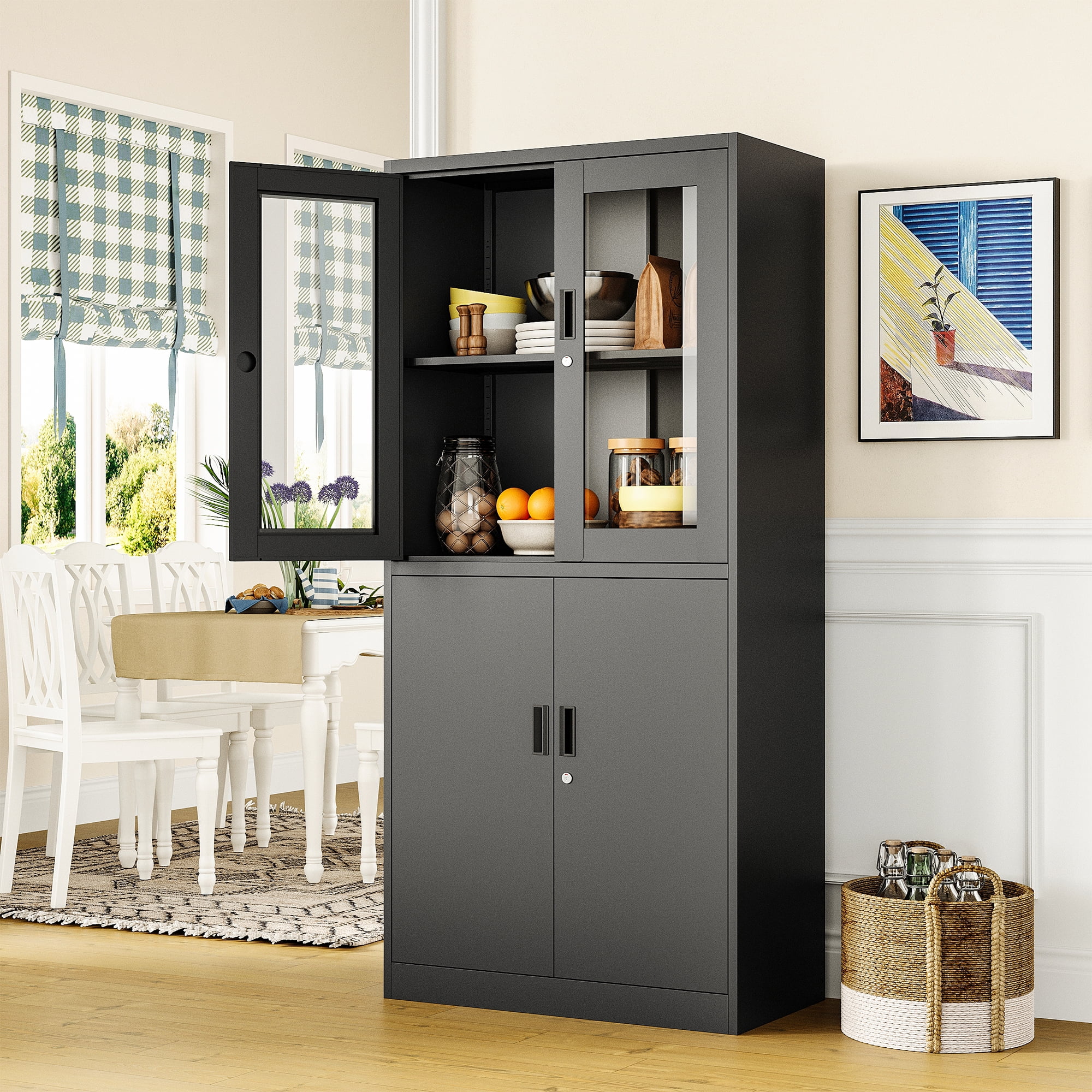 STANI Heavy Duty Metal Cabinet with Lock, Tall Office Storage Cabinet with Glass Door, Lockable Black Steel Cabinet with 2 Adjustable Shelves for Home, Clinic, Pantry, Basement