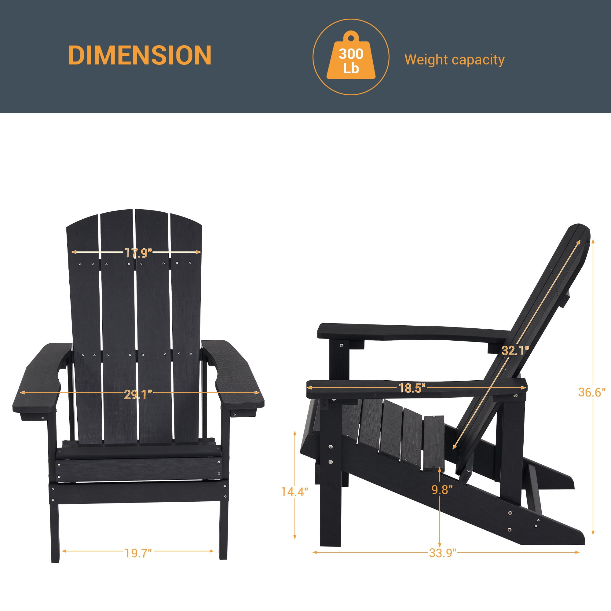 ACEGOSES Patio Adirondack Chair Outdoor Plastic Single Chair 300 Lbs for Deck and Balcony Multi-Use Like Real Wood, Black