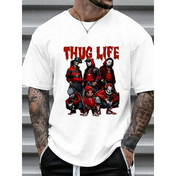 Men's THUG LIFE Graphic Tee - Retro Hip-Hop Inspired Design - Comfortable Stretch Polyester Tops for Fall&Summer