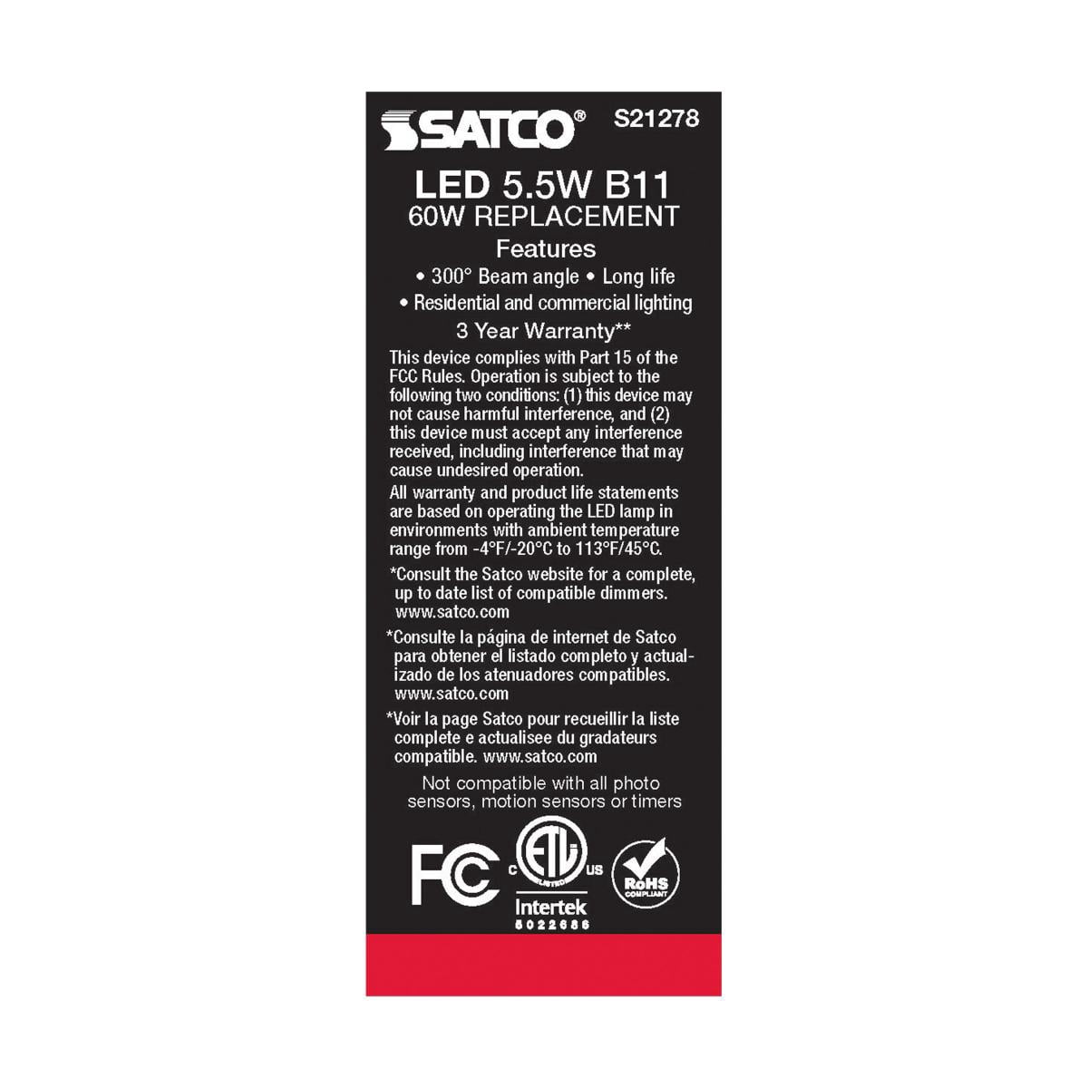 SATCO S21278 5.5W 120V B11 2700K 500 Lumen LED E12 Candelabra Base Light Bulb Dimmable (6 Pack)