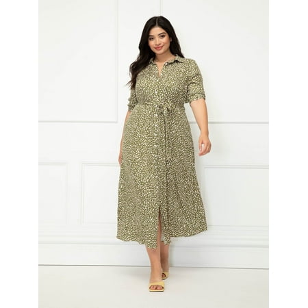 ELOQUII Elements Women's Plus Size Dot Print Button-Down Maxi Dress