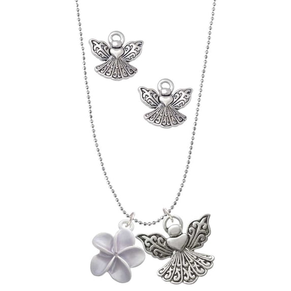 Delight Jewelry Silvertone Purple Plumeria Flower Silver tone Guardian Angel Charm Necklace and Stud Earrings
