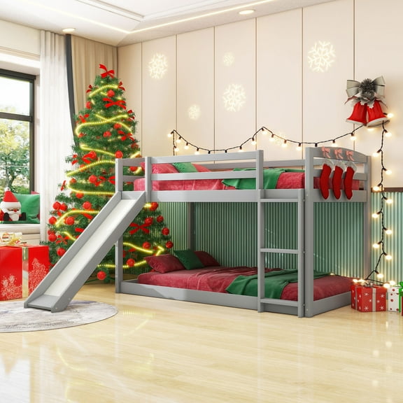 Euroco Solid Wood Twin over Twin Bunk Bed with Slide and Ladder for Kids Teens, 400lbs Weight Capacity, Safety Rails and Easy Assemble, Gray