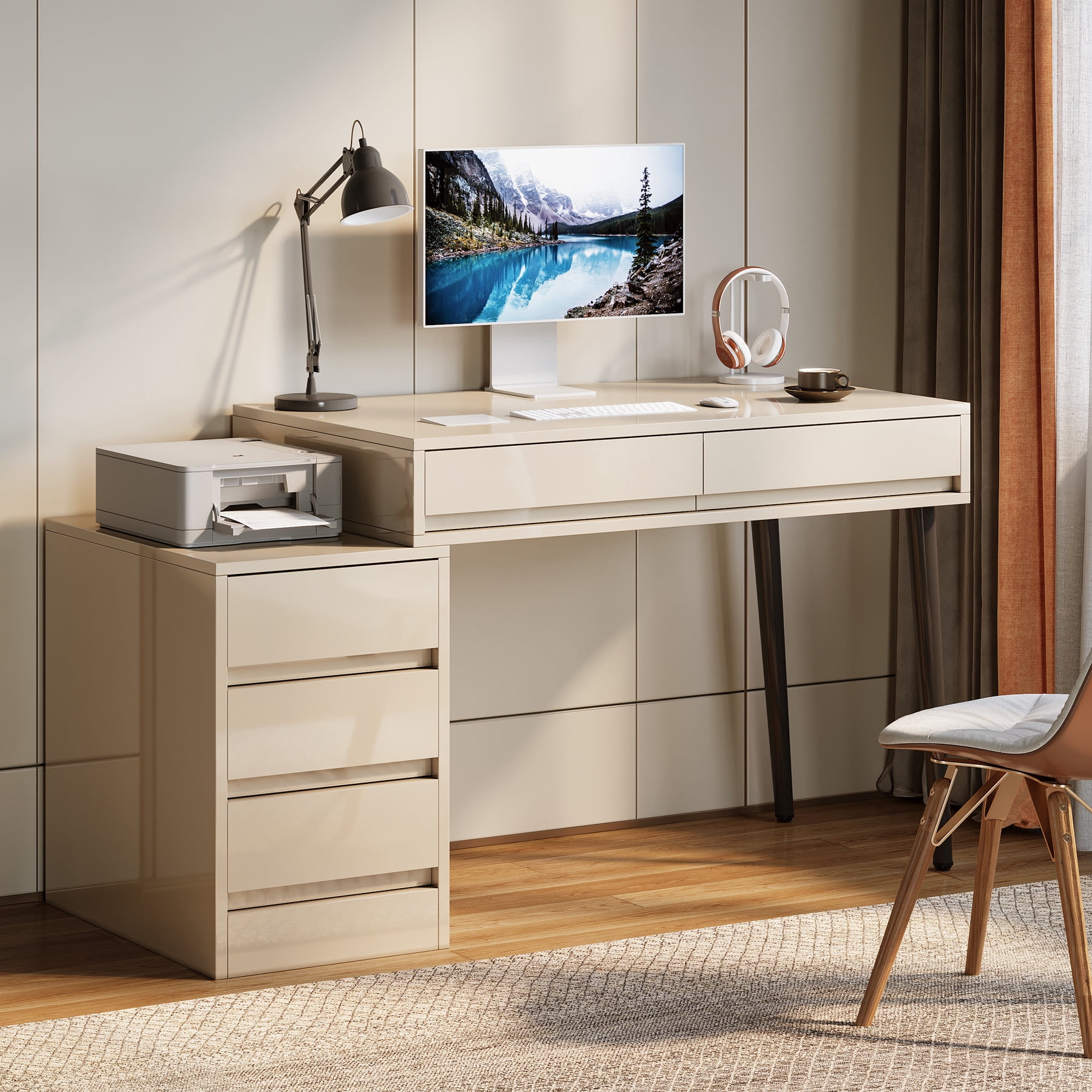 Finmind White Desk with 5 Drawers, Modern Home Office Desk with Storage Drawers and Printer Stand, Reversible Computer Desk Vanity Desk for Bedroom, Living Room