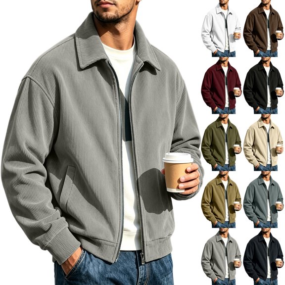 CCRFTGI Corduroy Jackets for Men Zip Up Bomber Casual Vintage Long Sleeve Lapel Collar Relaxed Fit Fall Winter Outerwear Gray L