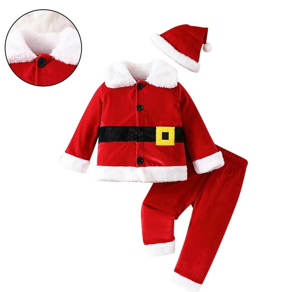 Santa Outfit Baby Boy Long Sleeve Santa Jacket Pants and Hat Set Festive Dress Outfit Christmas Baby Clothes 3-6 Months
