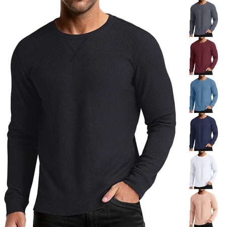 Men's Long Sleeve Crew Neck T-Shirt Weave Base Layer Top Fall Winter Basic