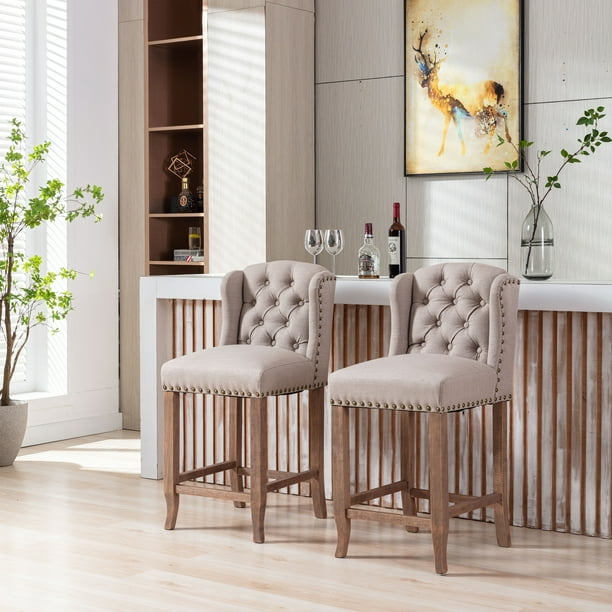 26 Inches Counter Height Bar Chairs Set of 2,Wing Back Nailhead Trim