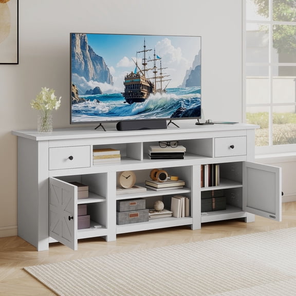 Dextrus Country-style Media Console, TV Cabinet with Built-in Power Socket for Screens up to 80'', Television Stand with Adjustable Divider & Drawer Storage, Vintage TV Unit for Lounge, White
