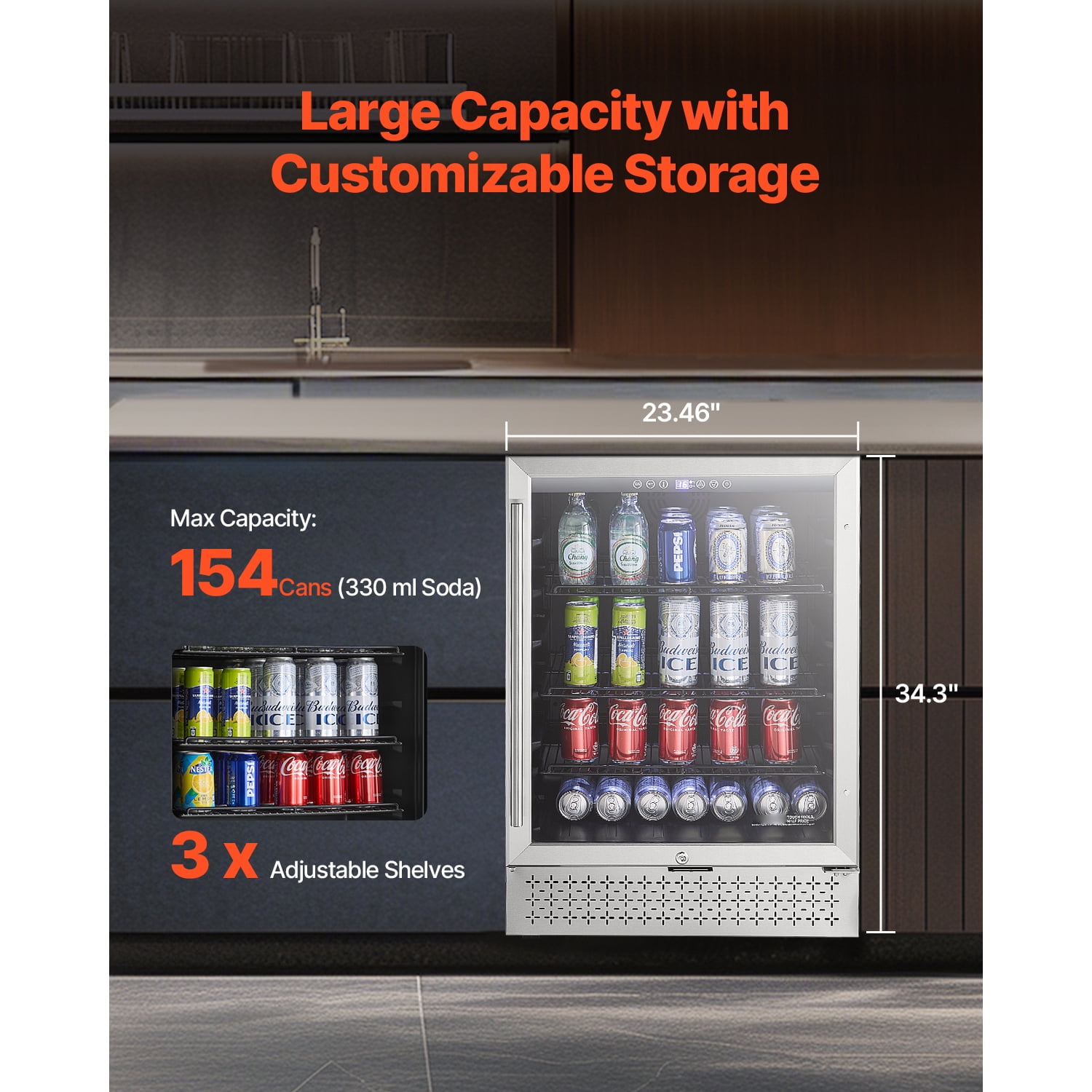 KFFKFF Drink Cooling Appliance, 154 Can Capacity Drink Chiller, Compact Refrigerator with Transparent Door, Modifiable Racks, Electronic Temp Regulation, Integrated & Detachable Soft Drink Chiller