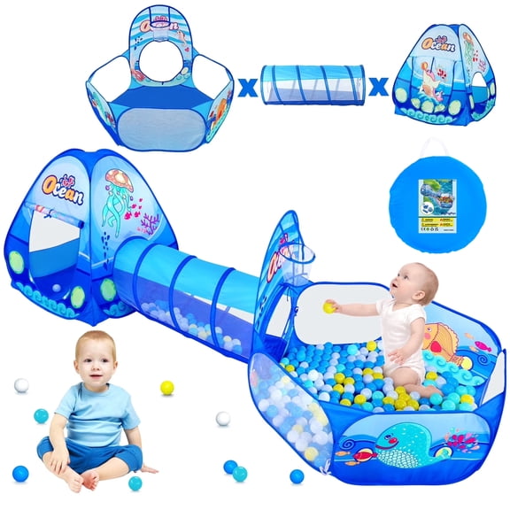 PigPigPen 3pc Kids Tunnel Tent with Baby Ball Pit for Toddlers Boys Indoor Outdoor Pop up Playhouse