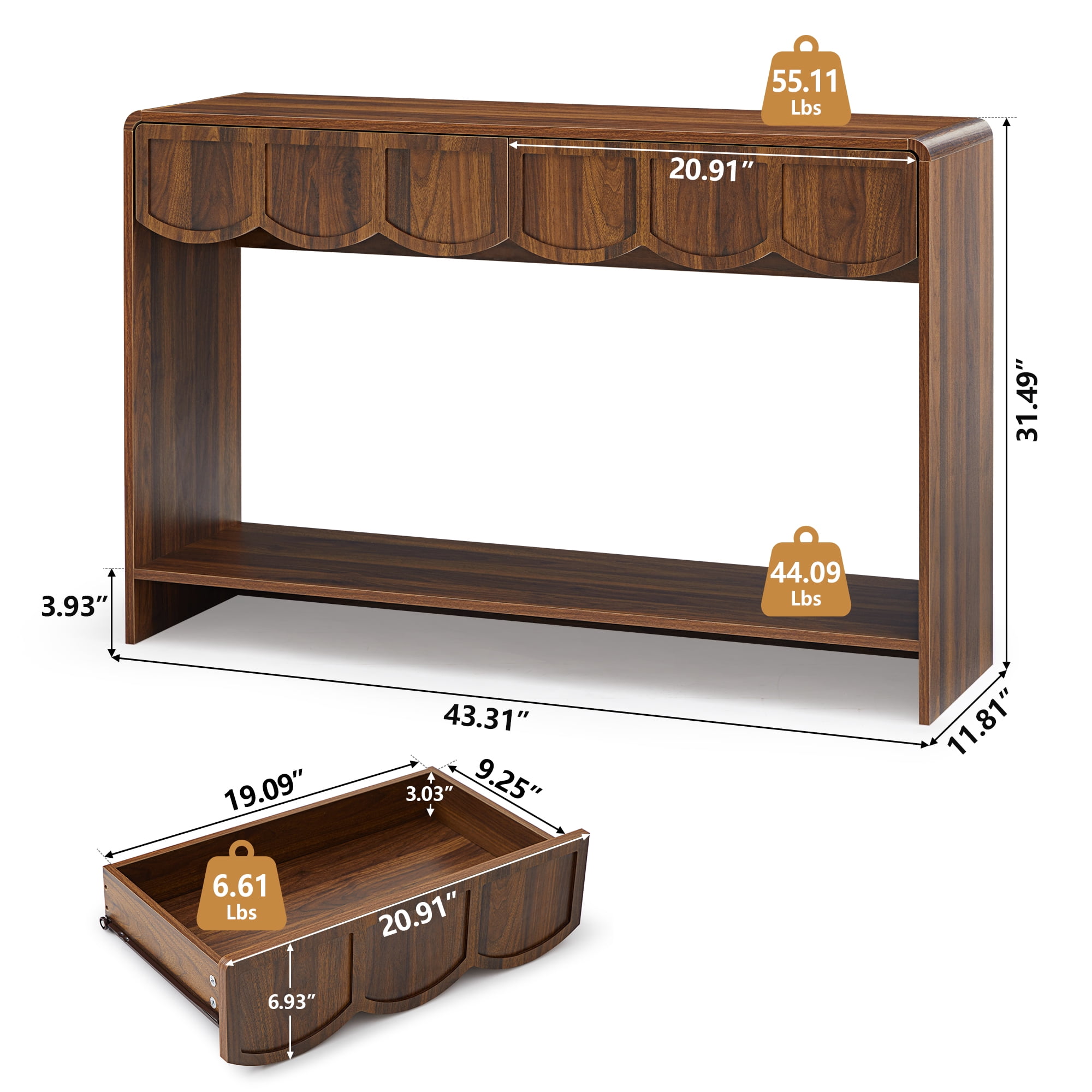 PHOYAL Console Table Sofa Table with 2 Drawer and Open Storage Shelves, Modern Entryway Table for Living Room Hallway Bedroom, Walnut