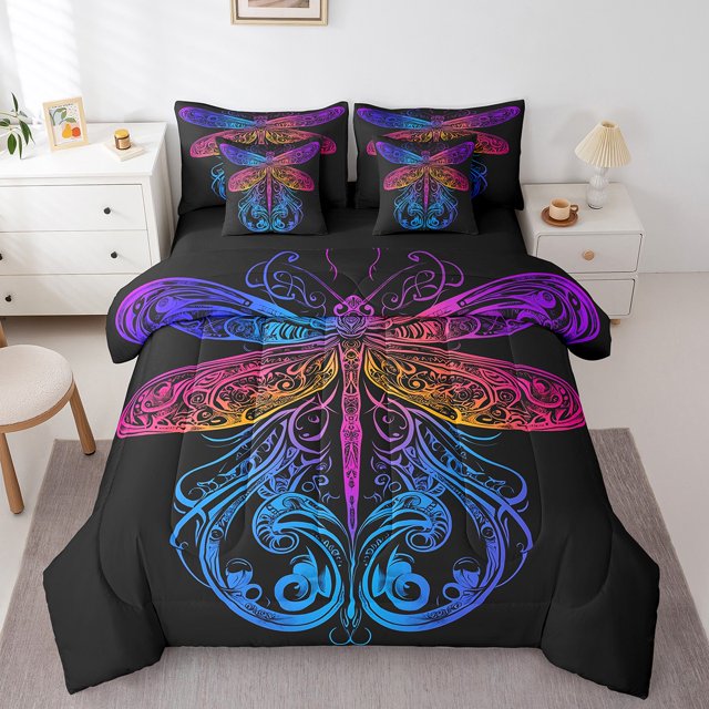Erosebridal Hippie Dragonfly Bedding Queen Size, Colorful Gradient Animal Comforter Sets with Sheets, Reversible 7pcs