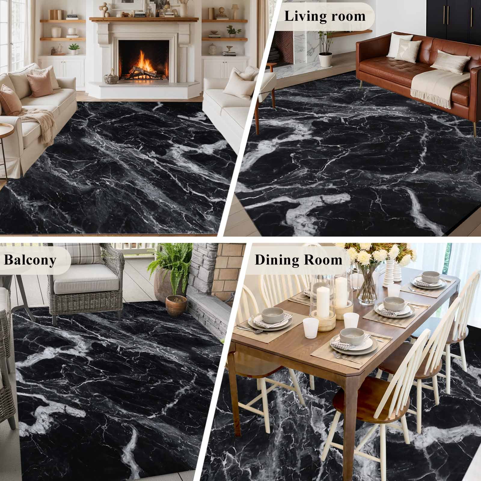 Abstract Art Washable Living Room Rugs 8'x10', Dark Black Marble Texture Modern Simple Low Pile Throw Large Area Rug Non-Slip Sturdy Edge Binding Carpet for Bedroom Dining Room Office